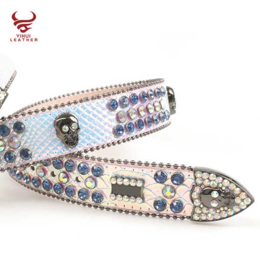 2021 New Arrival Famous Brands Cinturones Woman Belt PU Leather White Skull Rhinestone Belts - Image 3
