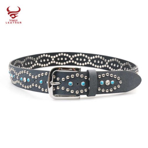 Designer Pin Buckle Bling Bling Mushroom Rivets Pants Belt for Women New Fashion 39mm Width Studded Turquoise Rhinestone Belt - Image 2