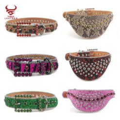 Custom Logo Diamond Dog Bark Collar Leather Strap Accessories Bling Bling Violet Rhinestone Leather Pet Collar BB Belts