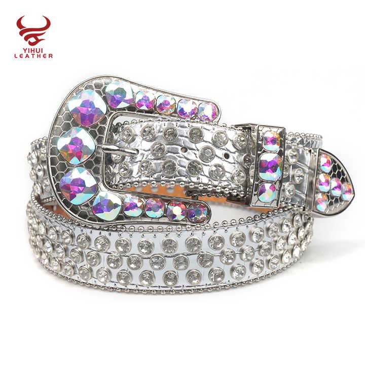 Customized Western studded Big Buckle Cowboy Leather Rhinestone Belts Designer Inspired White Diamond Belts for Boys Girls