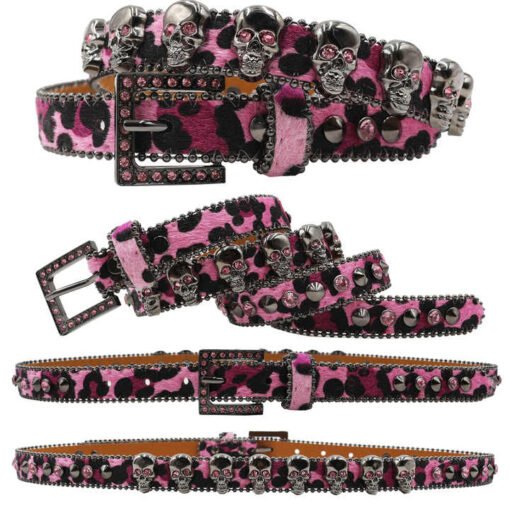 New Fancy Leopard Print Young Boys Girls Jeans Belts Thin Bling Bling Mohair Goth Belt Western Diamond Belt with Skull Buckle - Image 5