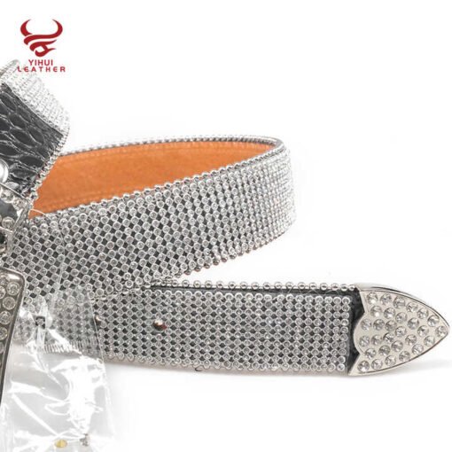 Inspired Designer Belts Strap With Sparkles Leather Shiny White Rhinestone Bling Bling Beaded Belts - Image 3