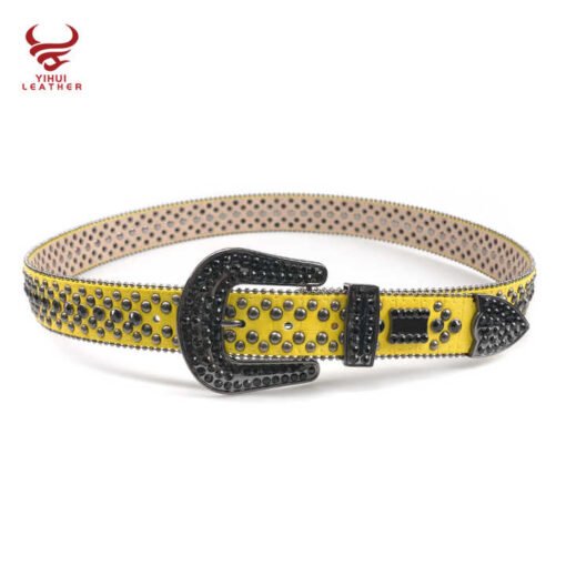 Custom Yellow Color 1.5" Luxury Cowboy Removable Diamond Belts Rockstar Cowboy Yellow Rhinestone Belts - Image 2