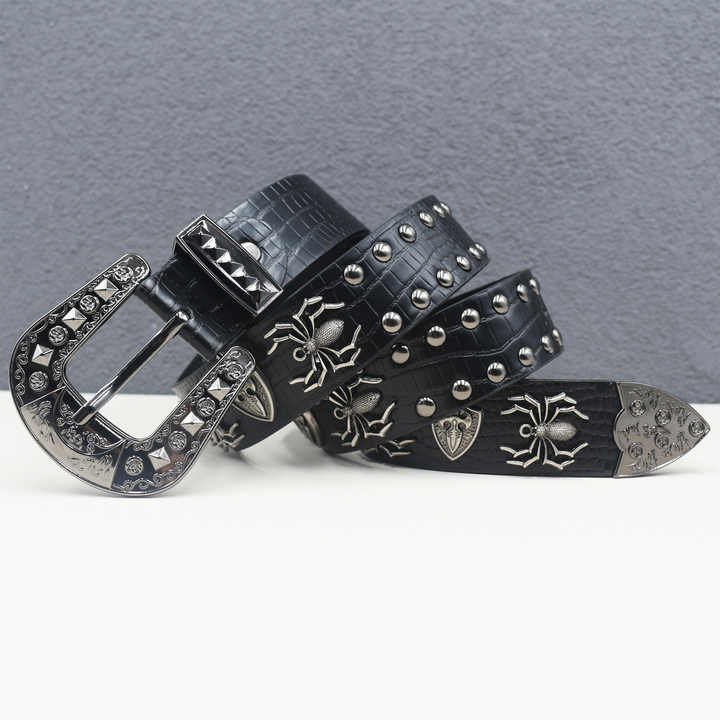 Y2K Studded Goth Belt Western Cowgirl Cowboy Crocodile Pattern Pants Belt Western Studded Spider Leather Belt with 3 Pics Buckle - Image 4