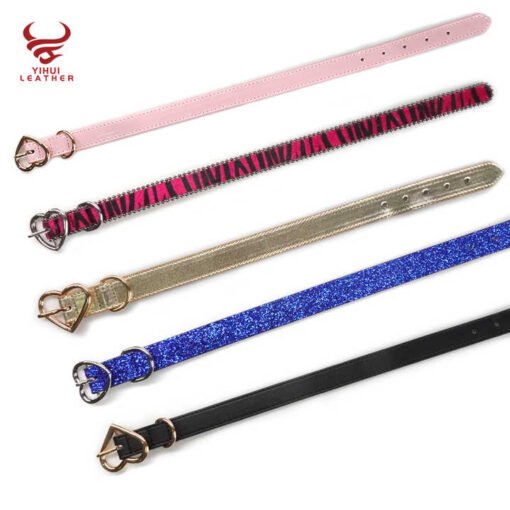 Custom Designer PU Leather Heart Buckle Bling Bling Diamond Pet Collar Beaded Fancy Leather Bb Rhinestone Dog Collar - Image 3