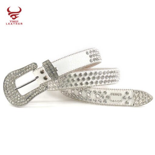 New Style 1.5inch Custom Bedazzled Western Synthetic Diamond PU Leather Belt White Rhinestone Designer Belt Bb Simon - Image 4