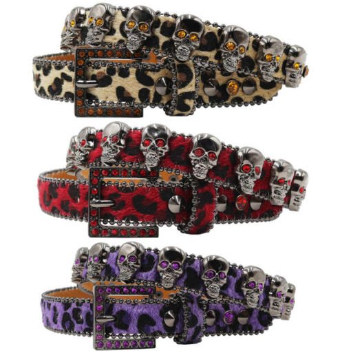 New Fancy Leopard Print Young Boys Girls Jeans Belts Thin Bling Bling Mohair Goth Belt Western Diamond Belt with Skull Buckle - Image 2