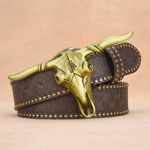Genuine Leather Floral Engraved Embossed Real Leather Belt Designer Western Cowboy Studded Belt With Longhorn Bull Buckle