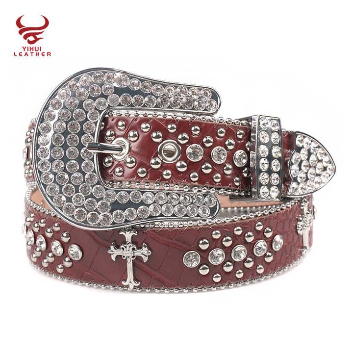 Designer Cross on the Red Leather Belt Shiny Diamond Western Cowboy Cowgirls Bling Big Buckle Rhinestones Belt Men