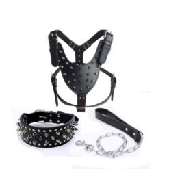 Pink Leopard Funny Rottweiler PU Leather Studded Rivet Dog Collar with Leash Spike Leather Collar and Harness 3 Pcs Set for Dogs