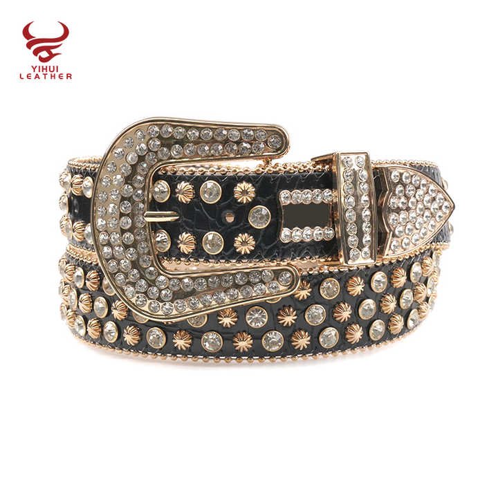 Fashion Luxury Famous Brands Cinturones Woman Diamond Belt Black PU Leather Gold Stud Shiny Rhinestone Belt
