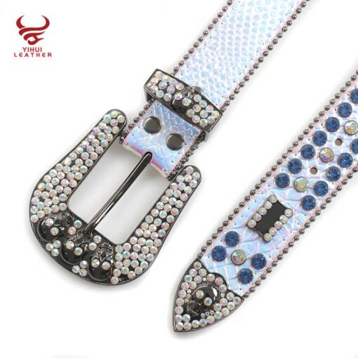 2021 New Arrival Famous Brands Cinturones Woman Belt PU Leather White Skull Rhinestone Belts - Image 5