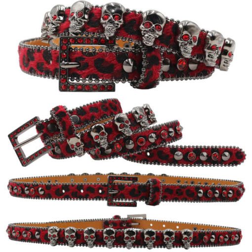 New Fancy Leopard Print Young Boys Girls Jeans Belts Thin Bling Bling Mohair Goth Belt Western Diamond Belt with Skull Buckle - Image 6