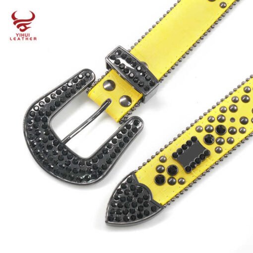 Custom Yellow Color 1.5" Luxury Cowboy Removable Diamond Belts Rockstar Cowboy Yellow Rhinestone Belts - Image 4