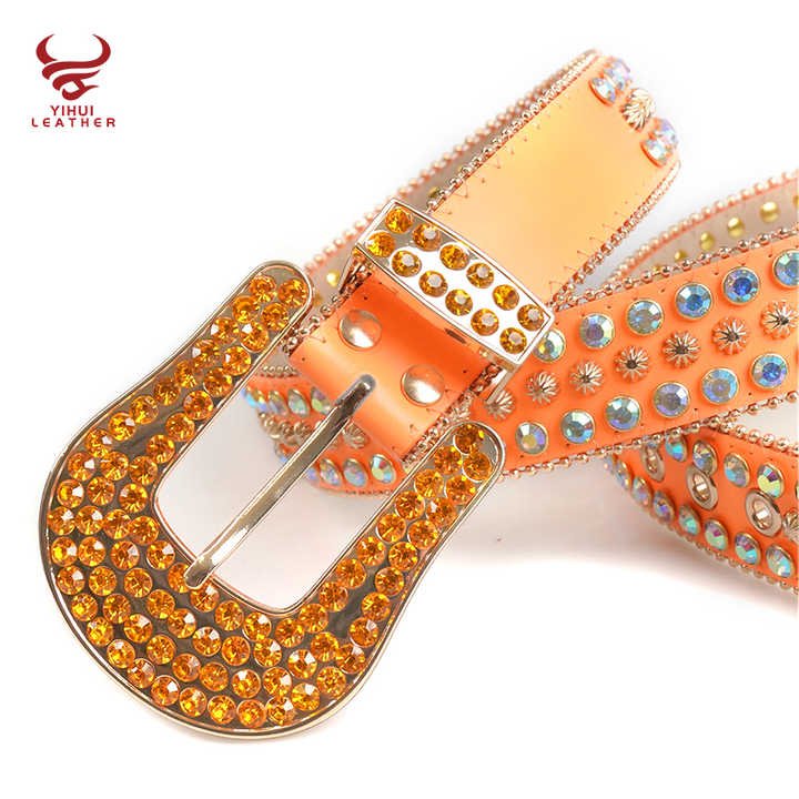 Newest Designer PU Leather Bling Bling Big Buckle Rhinestone Belts Designer Shining Crystal Orange Color Diamond Belt for Boys - Image 3