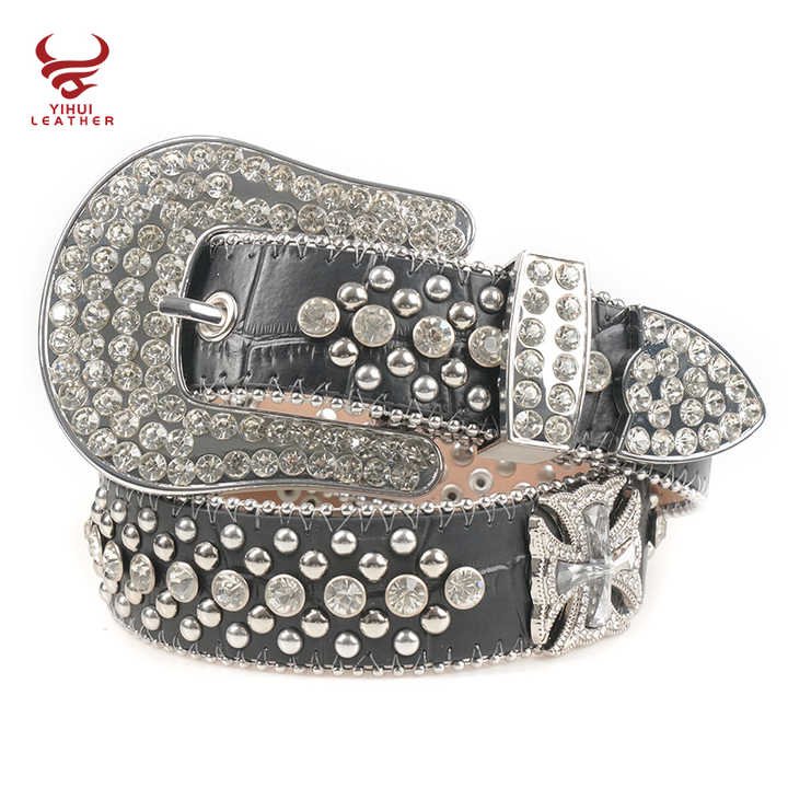 Factory Wholesale Genuine Leather Rhinestone Belt Bb Simon Mens Big Buckles studded Black Leather Diamond Belt for Men and Women