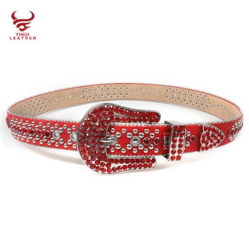 Manufacture Wholesale New Designer PU Leather Belts Shiny Big Buckle BB Simon Studded Red Diamond Crystal Rhinestone Belt - Image 3