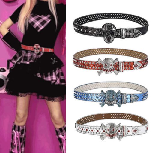 Fashion Heavy Duty Shiny Y2K Diamond Waist Belts Sparkle Western Cheap Unisex studded Skull Rhinestone Belt for Young Boys Party - Image 2