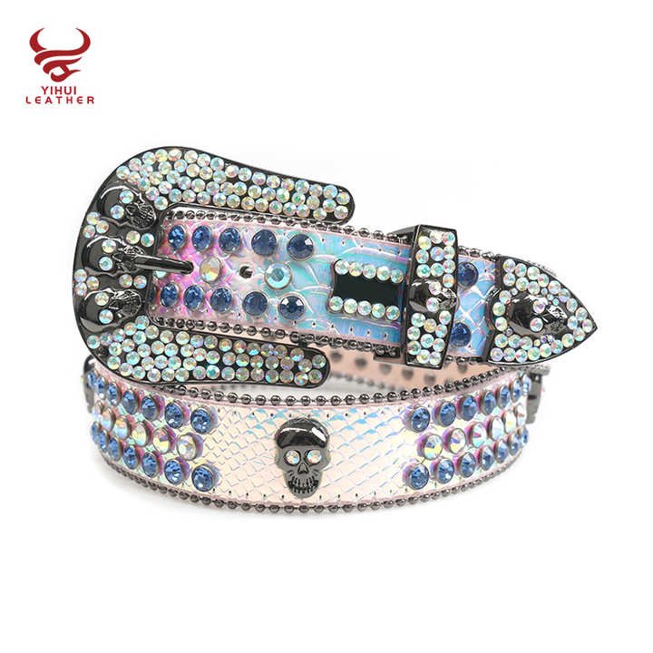 2021 New Arrival Famous Brands Cinturones Woman Belt PU Leather White Skull Rhinestone Belts