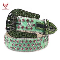 Custom Cross on Genuine Leather Belt Skull Buckle Shiny Pink Diamond Western Women Bling Bling Green Rhinestones Belt Men