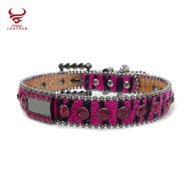 Custom Logo Diamond Dog Bark Collar Leather Strap Accessories Bling Bling Violet Rhinestone Leather Pet Collar BB Belts - Image 4