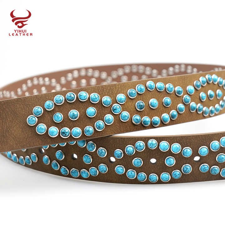 Western Handmade Pin Buckle Vintage Concho Belt Women Wholesale Western Faux Leather Retro Studded Turquoise Stones Jeans Belt - Image 3
