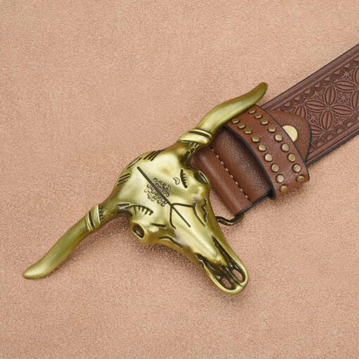 Genuine Leather Floral Engraved Embossed Real Leather Belt Designer Western Cowboy Studded Belt With Longhorn Bull Buckle - Image 2