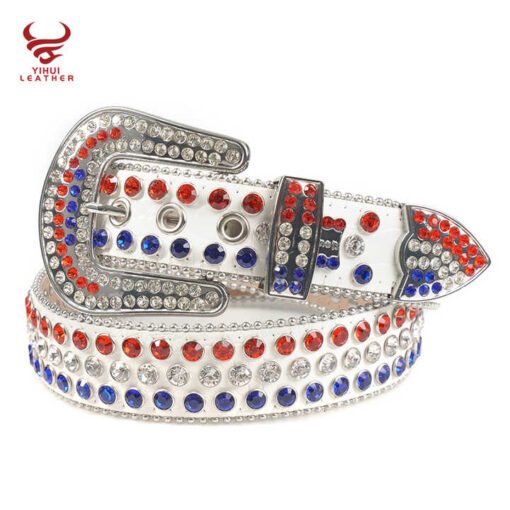 High Quality White Pu Leather Bb Simon Belts Rhinestone Men Crystal Belt Color Mixed