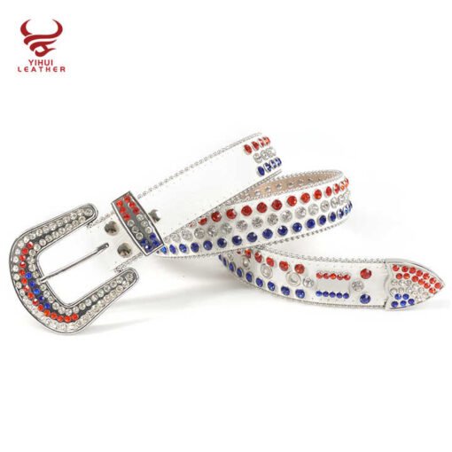 High Quality White Pu Leather Bb Simon Belts Rhinestone Men Crystal Belt Color Mixed - Image 2