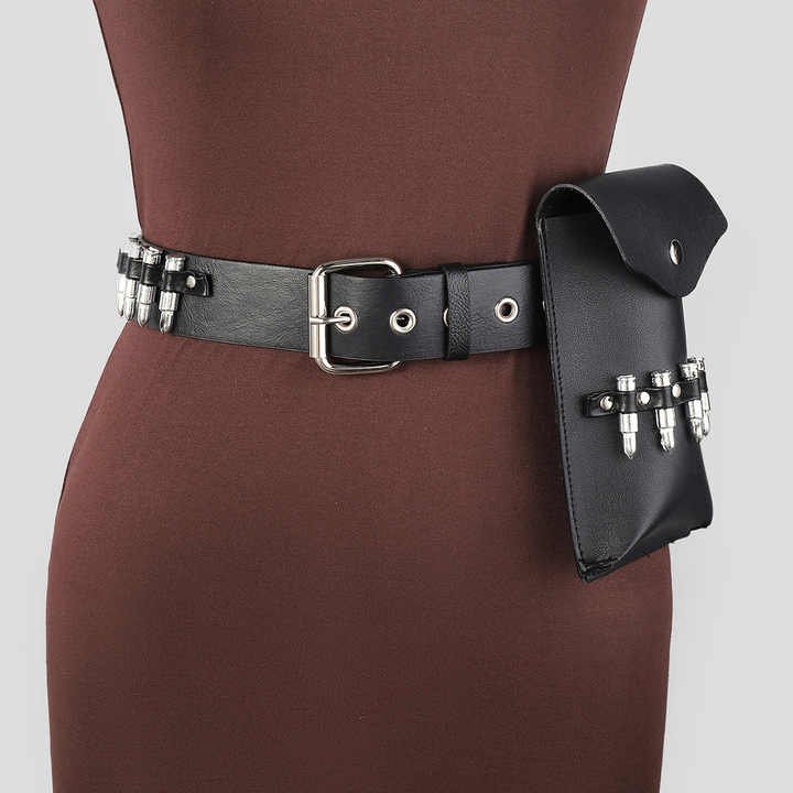 Punk Belts Bag for Hip Hop Women Jeans Metal Punk Rock Rivet Belt With Bright Pyramid Black PU Leather Studded Bullet Belts Bags - Image 2