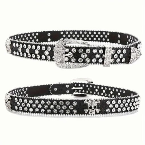 Personalized Logo Waistband Men's Skull Rhinestone Belt Shining PU Belt Cheap Leather Hip Hop Belt for Cowboys Cowgirls