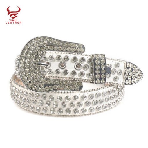 New Style 1.5inch Custom Bedazzled Western Synthetic Diamond PU Leather Belt White Rhinestone Designer Belt Bb Simon