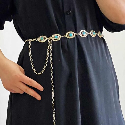 New Arrivals Fashion Accessories Golden Women Body Chain Belts Oval Turquoise Stone Lady Narrow Metal Retro Chain Belt - Image 2