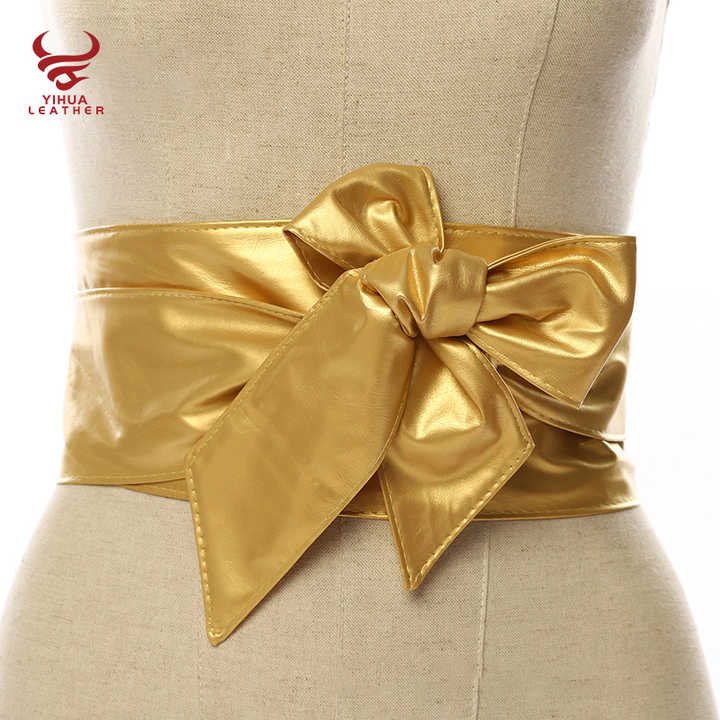 Women Soft PU Leather Self Tie Knot Belts Fancy Dresses Large Size Wide Cinch Belts No Buckle Gold Leather OBI Belt for Lady