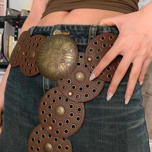 2023 New Retro Punk Big Round Rivet Hole PU Leather Belt Disk Link Fashion Wide Ladies Wide Boho Disc Concho Leather Belt - Image 5