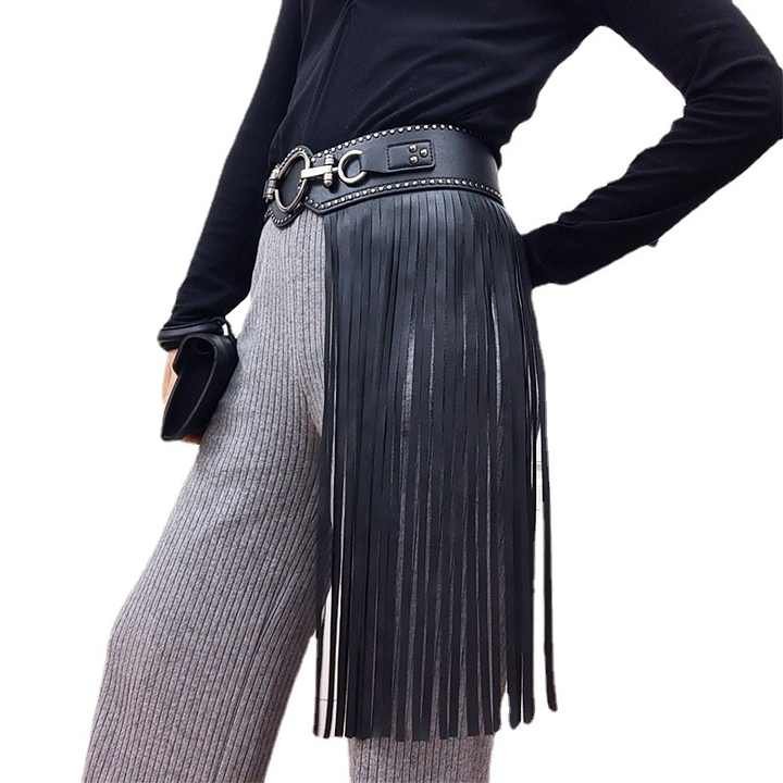 New Trendy Black Faux Leather Punk Rocker Dance Waist Dress Belt Vintage Black PU Leather Tassel Fringe Skirt Belt for Girls - Image 4