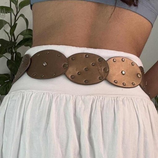 Retro Punk Metal Buckle Big Round Rivet PU Leather Belt Wide Disk Link Boho Oval Disc Concho Leather Belt for Cowboy Cowgirl - Image 4