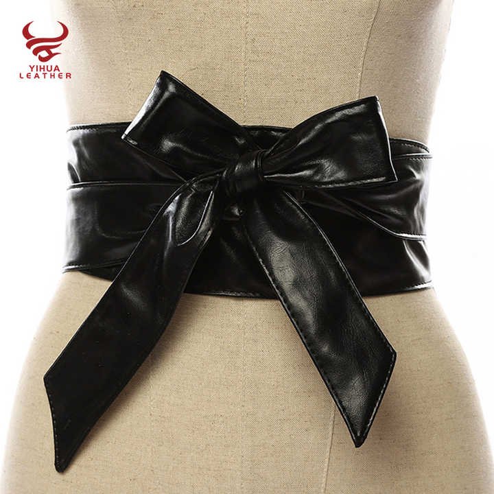 Women Soft PU Leather Self Tie Knot Belts Fancy Dresses Large Size Wide Cinch Belts No Buckle Gold Leather OBI Belt for Lady - Image 5