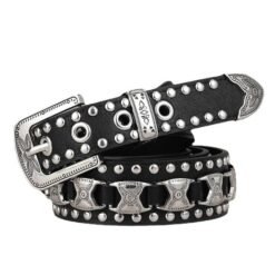 2023 New Fashion Punk Style Pin Buckle PU Belt for Western Cowboy Cowgirl Designer Black Studded Metal Goth Belt for Women Men