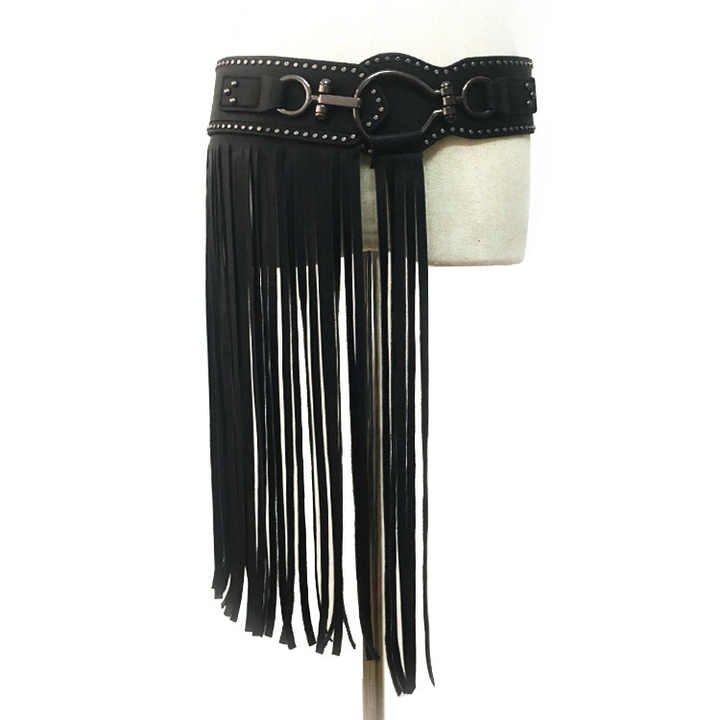 New Trendy Black Faux Leather Punk Rocker Dance Waist Dress Belt Vintage Black PU Leather Tassel Fringe Skirt Belt for Girls - Image 2