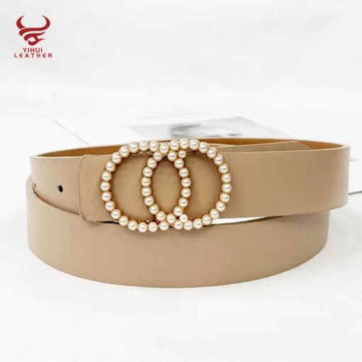 Fashion New Style Faux Leather Double O-Ring Buckle Belt for Women PU Leather Pearl Waist Belts for Lady Dress - Image 4