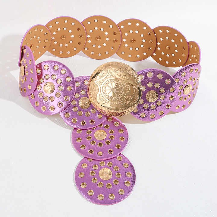 Fashion Retro Punk Big Round Rivet Hole Concho PU Leather Belt for Girls Wide Disk Link Boho Oval Disc Leather Belt for Women