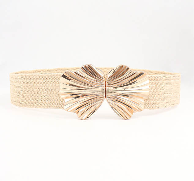 Wholesale Elegant Lady Elastic Strength Braided Cinch Belt Waistband Girl Metal Shell Belt Buckle PP Straw Waist Belt for Women