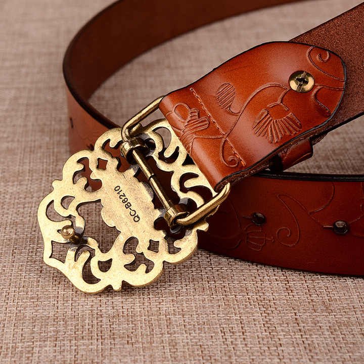 New Designer 100% Leather Belt With Hollow Flower Belt Buckle for Lady Carving Pattern Genuine Leather Vintage Waist Belt Women - Image 3