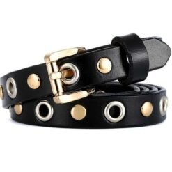New Casual Leather Holes Genuine Leather Rivet Belt Punk Style Vintage Western Studded Belts With Roller Belt Buckle