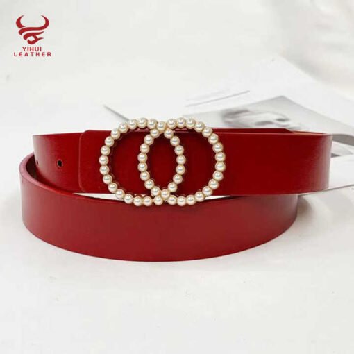 Fashion New Style Faux Leather Double O-Ring Buckle Belt for Women PU Leather Pearl Waist Belts for Lady Dress - Image 5