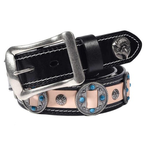 High Quality Pin Buckle Genuine Leather Punk Goth Biker Waist Belt Designer New Fashion Chrome Conchos Studded Belt for Adult