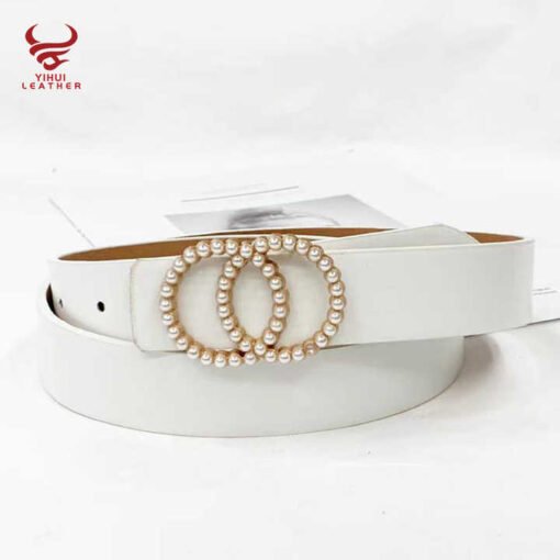 Fashion New Style Faux Leather Double O-Ring Buckle Belt for Women PU Leather Pearl Waist Belts for Lady Dress - Image 6