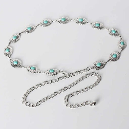 New Arrivals Fashion Accessories Golden Women Body Chain Belts Oval Turquoise Stone Lady Narrow Metal Retro Chain Belt
