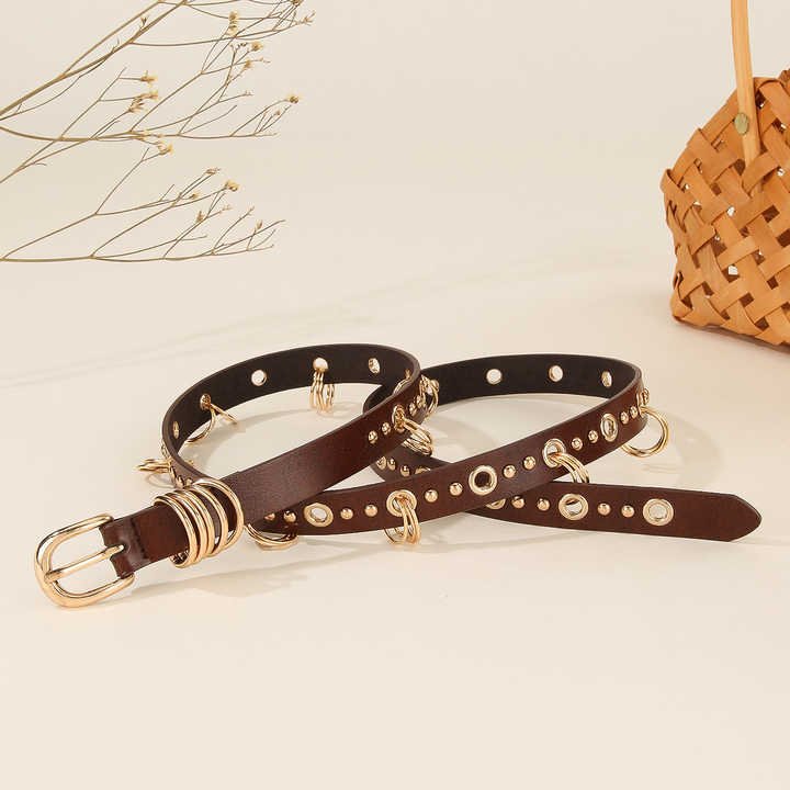 Studded Eyelet Holes Girls Belts with Metal Ring Black Goth Punk Metal Jean Belt Hip Hop Style Grommet PU Leather Belt for Women